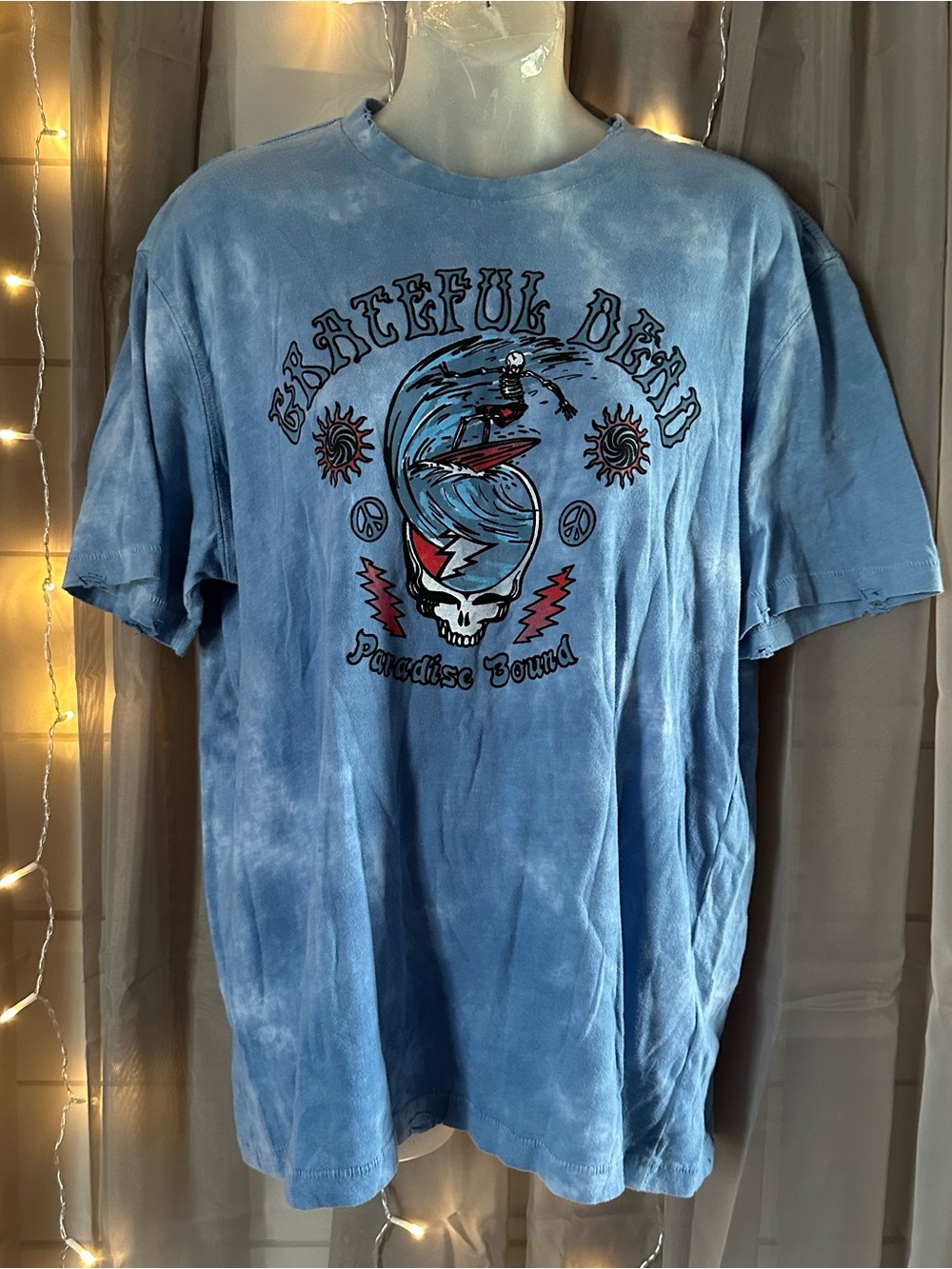 Pre-distressed blue tie-dye Grateful Dead baggy T-shirt by American Eagle Sz M
